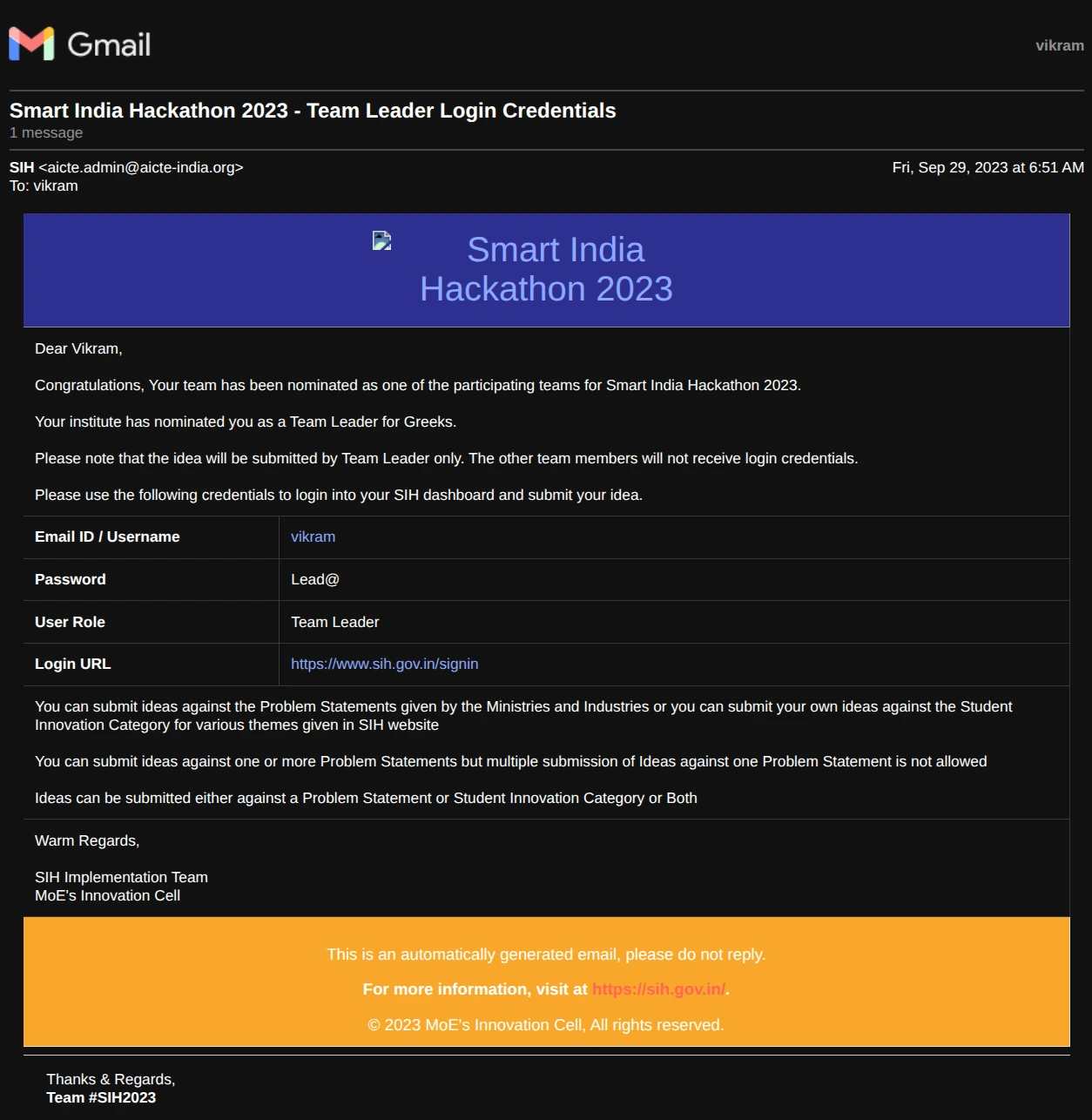 Vikram at Smart India Hackathon Nomination 2023 - Team Lead, (SGC) Pondicherry University