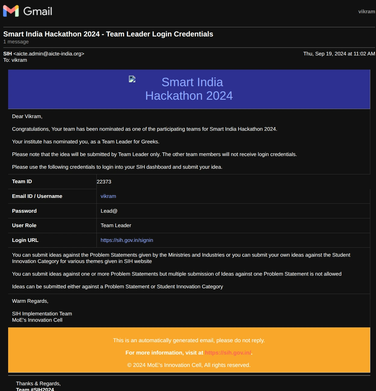 Vikram at Smart India Hackathon Nomination 2024 - Team Lead, (SGC) Pondicherry University